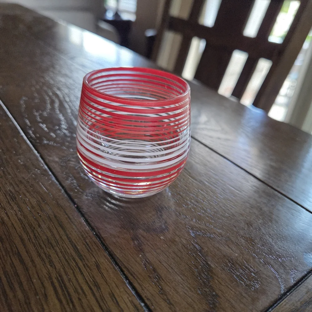 Heavy Glass Red And White Striped Art Glass Votive